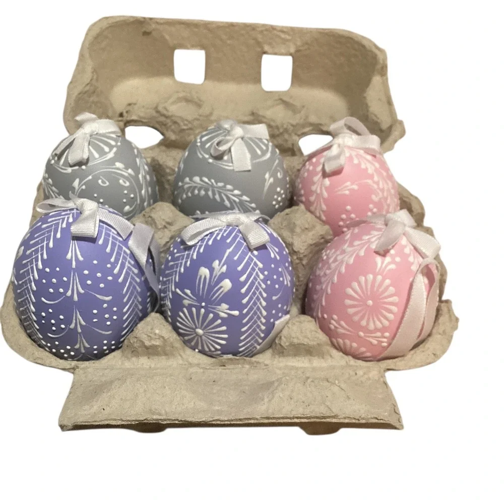 Set of 6 Easter Ornaments Pink Purple Gray Decorative Eggs Hanging Ribbons
